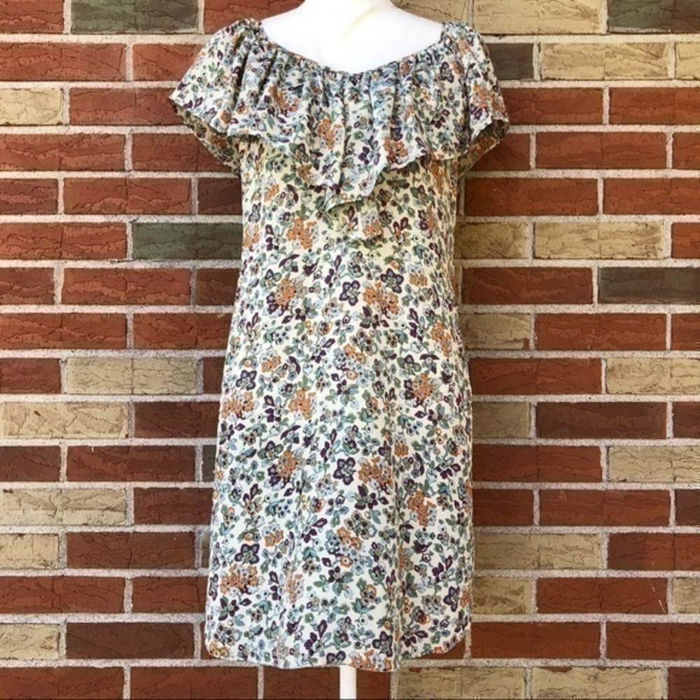 Rebecca Taylor Ruffled V-neck Floral Silk Cream Blue Mini Dress